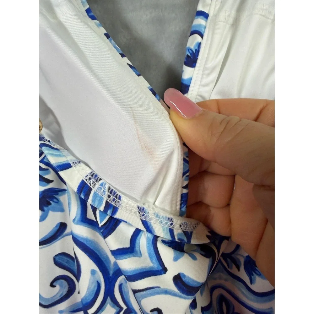 La Blanca Tankini Top Womens Blue White Tile Print Tummy Control 10 $111